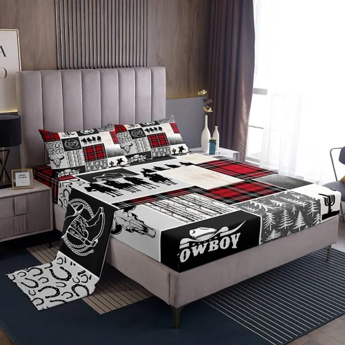 Vista 19 de Western Cowboy - Juego de sábanas para niños, tamaño individual, juego de ropa de cama rústica de herraduras, cactus y herraduras, decoración