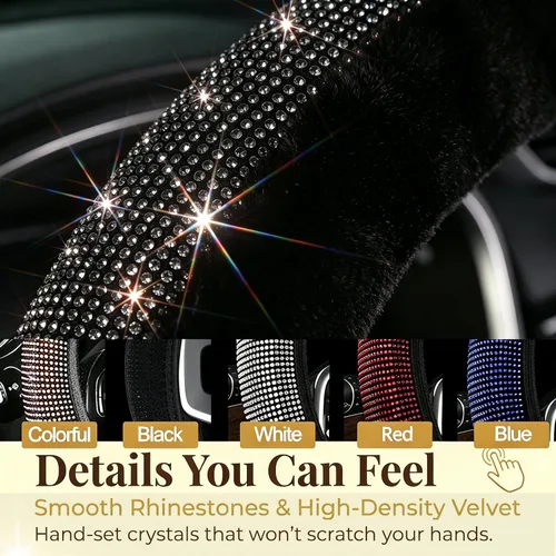 Vista 6 de Funda para volante con destellos para mujeres y niñas, cubierta de volante de diamantes de imitación de color negro con brillantes de piel
