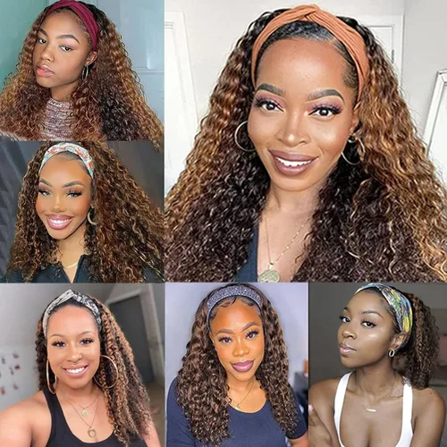 Vista 6 de Rebasar - Peluca de onda profunda con reflejos color marrón, 10 pulgadas, con diadema y reflejos, cabello humano, rizado, para mujeres negras