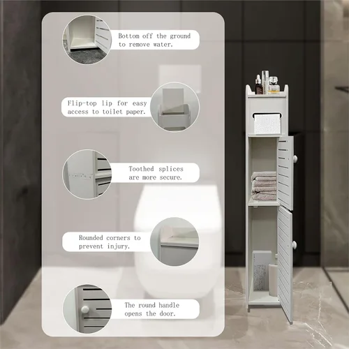 Vista 6 de Armario de almacenamiento pequeño para baño, organizador de papel higiénico delgado con 2 puertas y estantes, armario de almacenamiento sobre