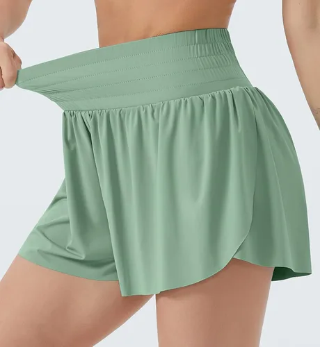 Vista 4 de Wjustforu Pantalones cortos de correr fluidos para mujer, para gimnasio, yoga, entrenamiento, pantalones cortos deportivos con pantalones cortos