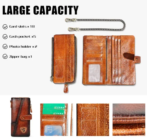 Vista 5 de Handadsume Genuino caballo loco cuero viaje regalo moneda bolsillo tarjeta caso largo organizador cadena Rfid monedero con broche para hombres