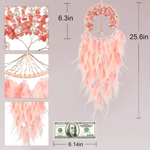 Vista 6 de Atrapasueños grandes del árbol de la vida, plumas de gallo rosa con ágata roja, atrapasueños de chakras hecho a mano para dormitorio, un Rosa