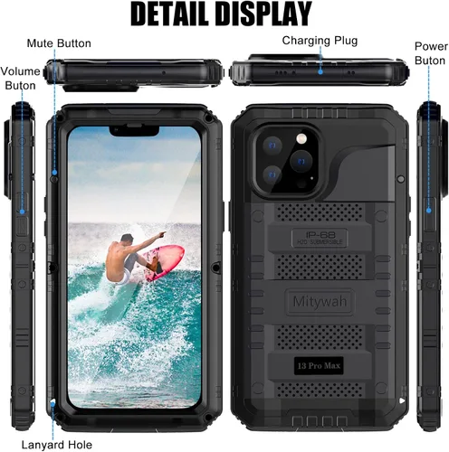 Vista 6 de Mitywah Funda impermeable para iPhone 13 Pro Max, funda de metal resistente de grado militar, funda protectora de cuerpo completo bajo el agua, a