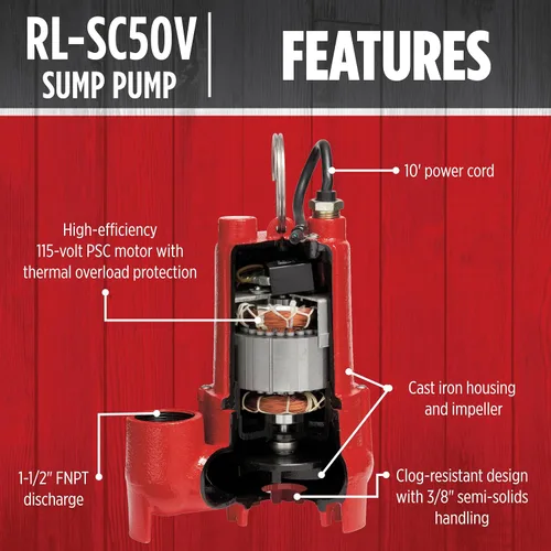 Vista 3 de Red Lion RL-SC50V 14942747 Bomba de sumidero de hierro fundido de 115 voltios, 1/2 HP, 4300 GPH con interruptor vertical, cable de 10 pies, rojo