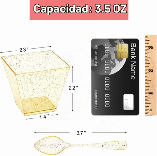 Vista 2 de Mini tazas de postre con purpurina dorada de 3.5 onzas con cucharas, paquete de 50 tazas de postre de plástico dorado para postres pequeños