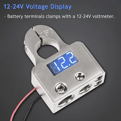 Vista 2 de Conectores de terminal de batería de coche con voltímetro, abrazaderas de poste superior y cuñas de calibre 0/4/8 AWG de alta resistencia para audio