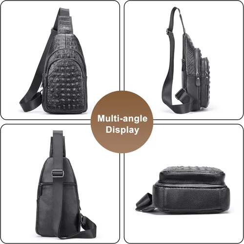 Vista 2 de Bolso bandolera de cuero con patrón de cocodrilo vintage para hombres, mochila de cuero genuino casual Daypack Crossbody bolsas de hombro