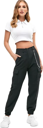 Vista 4 de ZAFUL Pantalones cargo para mujer, de cintura alta, pantalones deportivos para exteriores, pantalones casuales con cadena