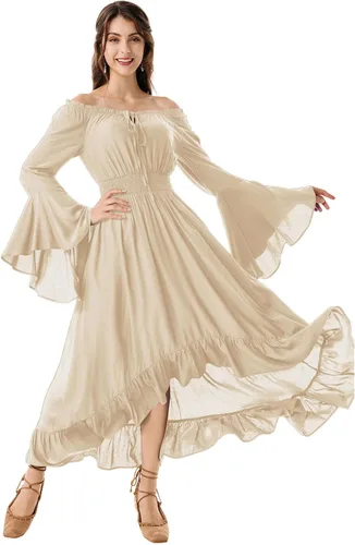 Vista 3 de Scarlet Darkness Disfraz de feria renacentista para mujer, vestido de manga larga acampanada con hombros descubiertos, vestido alto y bajo
