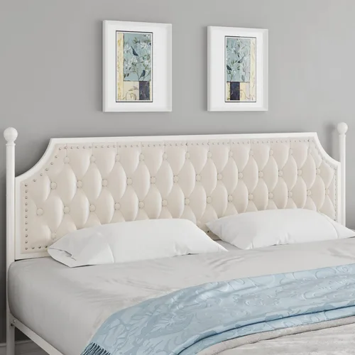 Vista 7 de Keyluv - Marco de cama con dosel tapizado tamaño King con 3 cajones y cabecera tapizada con botones, cama de plataforma metálica con 4 postes Beige