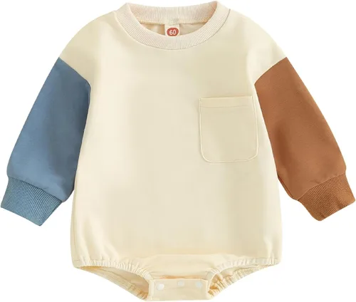 Vista 42 de Mameluco de manga larga con bloques de color para bebé, niño, niña, con bolsillo, cuello redondo, sudadera básica para otoño e invierno