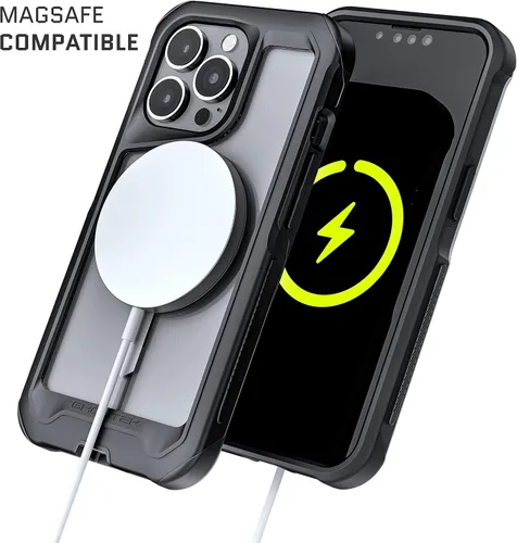 Vista 6 de Ghostek ATOMIC - Funda delgada iPhone 13 Pro, parachoques de metal negro con anillo MagSafe transparente en la parte trasera, protección resistente