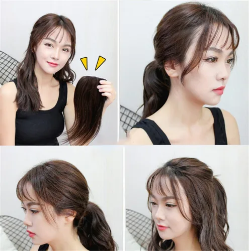 Vista 5 de 2 clips en la parte superior de cabello humano con cierre de peluca para cabello fino de 10 pulgadas para mujer (marrón oscuro)