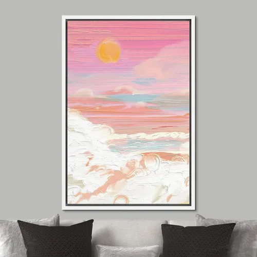 Vista 3 de SIGNFORD Lienzo enmarcado para pared, acuarela pastel, rosa, puesta de sol, nube, naturaleza, ilustraciones de área silvestre, arte moderno