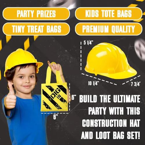Vista 3 de Bedwina Suministros para fiestas temáticas de construcción, paquete de 24, suministros para sombreros y mini bolsas de mano, (12) sombreros