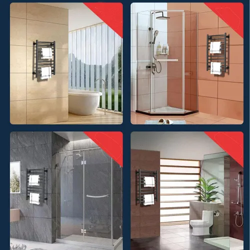 Vista 7 de Exquisitos estantes de baño, calentador de toallas con temporizador para baño, barra de toalla térmica negra mate, soporte de pared, estante