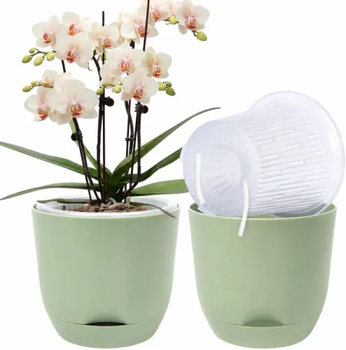 Vista 25 de QCQHDU 2 Pack 5.7 Inch Orchid Pots with Holes for Repotting, Double-Layer and Self Watering Orchid Pot with Good Air Circulation Verde