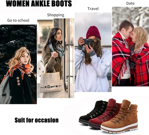 Vista 7 de FRACORA Botas de combate para mujer, botas de tobillo con cordones, botas de nieve para invierno, botas de nieve con cremallera lateral