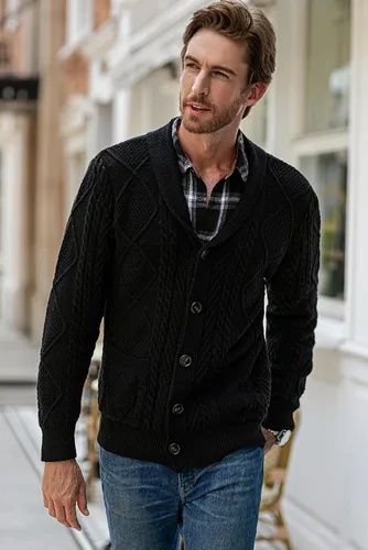 Vista 3 de JMIERR Suéter casual de manga larga con cuello de chal y botones para hombre con bolsillos