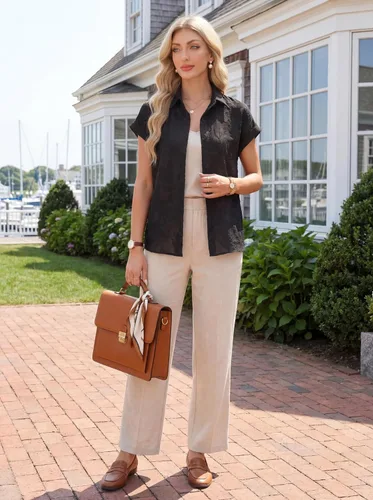 Vista 3 de Blooming Jelly Pantalones de cintura alta y pierna ancha para mujer, pantalones de trabajo casuales plisados en la parte delantera con botones
