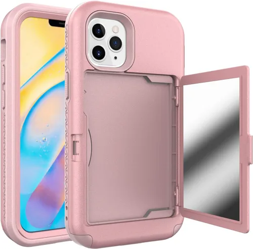 Vista 4 de Funda compatible con iPhone 14 Pro Max con espejo con tarjetero y soporte para tarjetas, bonita funda de lujo con espejo de maquillaje a la moda