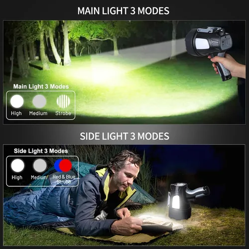 Vista 3 de Linterna de foco recargable, 99,000 lúmenes, proyector LED súper brillante con 6 modos y trípode plegable, potente luz puntual de 30 horas de larga