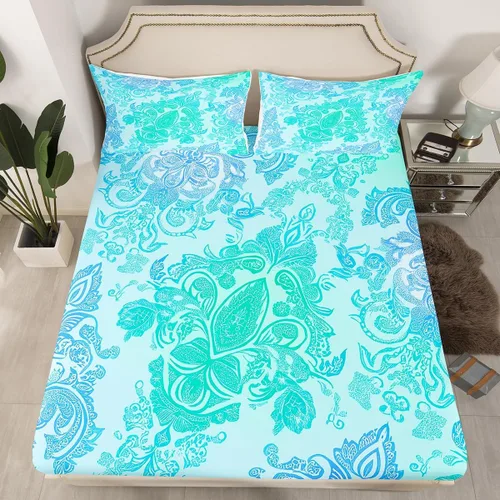 Vista 10 de Erosebridal Juego de ropa de cama color verde azulado tamaño individual, sábana bajera ajustable de polilla exótica Trippy Sun y Moon para niñas