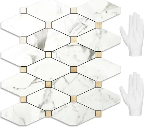 Vista 16 de STICKGOO 1 hoja de salpicaduras de pared para despegar y pegar, adhesivos de azulejos compuestos de aluminio Calacatta, salpicaduras autoadhesivas