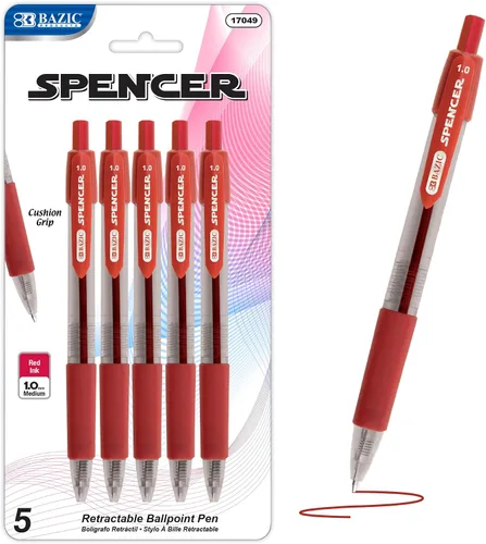 Vista 8 de BAZIC PRODUCTS Spencer Asst. Bolígrafo retráctil de color con empuñadura de cojín, 5 unidades, para escritura escolar y oficina