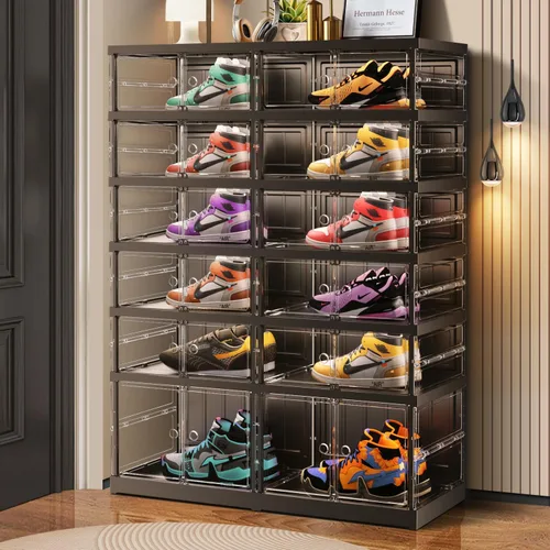Vista 12 de CIMLORD Estante de zapatos plegable de 3 niveles para armario y entrada, 3-6 pares, cajas de almacenamiento de zapatos apilables transparentes