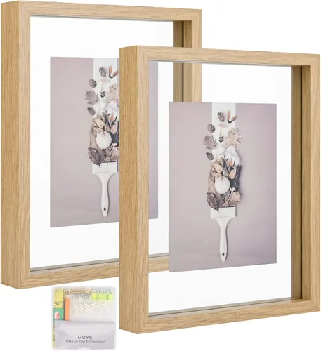 Vista 13 de MUYE Marcos flotantes de 5 x 7 pulgadas, patrón de madera blanca y beige envejecida, marco de fotos de doble cristal para mostrar fotos de cualquier