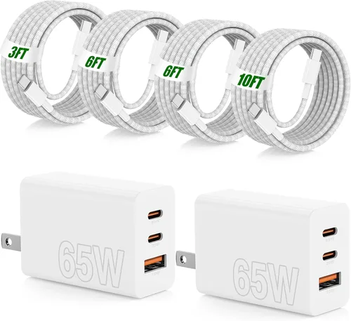 Vista 25 de USB C de carga súper rápida de 65 W para iPhone 17 16 Pro Max, bloque de carga USB C de 3 puertos de 100 W y cable trenzado tipo C de 3/6/6/10 pies