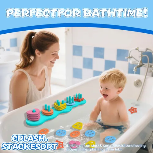 Vista 6 de Juguetes de baño con succión para bebé, juguete de baño de silicona sin moho, clasificador y apilable, juguetes sensoriales y el mejor regalo