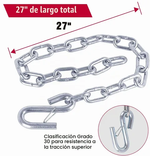 Vista 6 de NBJINGYI 1/4" X 27" 2 piezas, cadena de seguridad para remolque de grado 30 con ganchos de resorte y un gancho en S