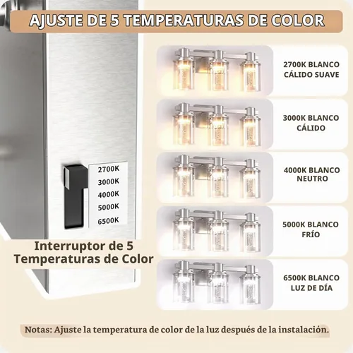 Vista 2 de Quntis Lámparas de baño de níquel cepillado con 5 modos de color, lámpara de tocador de baño moderna regulable de 3 luces sobre espejo, lámpara
