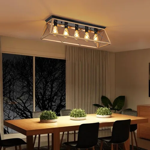 Vista 3 de 31.5" Flush Mount Ceiling Light Fixture, 5-Light Vintage Industrial Cage Chandelier for Dining Room, Kitchen Island, Living Room, Dimmable Semi