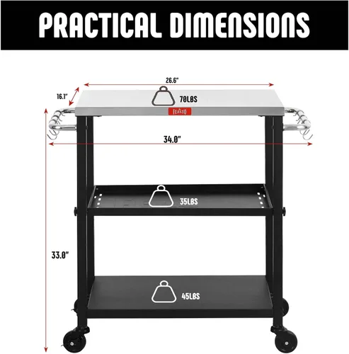 Vista 3 de Feasto Mesa de parrilla de 3 estantes, soporte para horno de pizza con estante, carrito de parrilla para horno de pizza móvil, parrilla