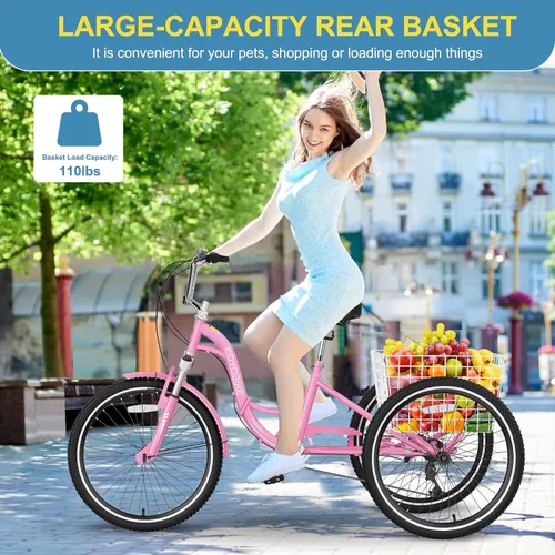 Vista 6 de NAIZEA Triciclo plegable para adultos, 7 velocidades, 20/24/26 pulgadas, triciclo plegable para adultos, bicicleta de 3 ruedas, triciclo plegable