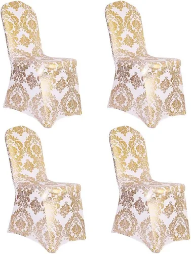 Vista 8 de Juego de 1 fundas decorativas para sillas de comedor, con estampado de flores doradas, extraíbles, lavables, de elastano, para fiestas, bodas Oro