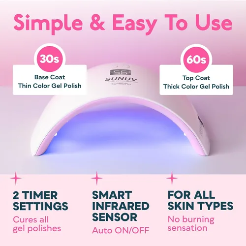 Vista 2 de SUNUV Lámpara UV para uñas, secador para esmalte de gel con sensor, 2 temporizadores y pantalla, SUN9X Plus, lámpara de uñas UV rosa