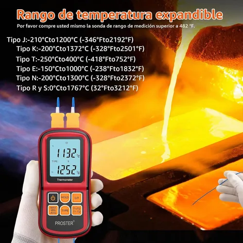 Vista 5 de Proster tester medidor de temperatura con retroiluminación LCD de dos canales con termómetro y termopar digital para clase K/J/T/E/R/S/N, con dos