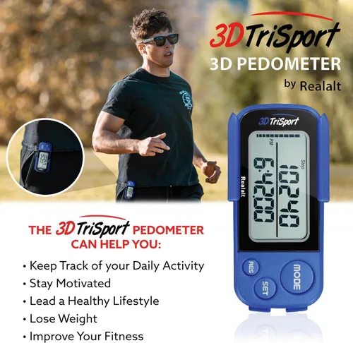 Vista 3 de Realalt 3DTriSport 3D Walking Pedometer with Clip & Strap, Accurate Step Counter with 30-Day Memory, Distance in Miles/KM with Large Display Perfect