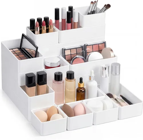 Vista 7 de Teenyyou - Organizador de cajones apilables de 4 tamaños, bandejas de acrílico para almacenamiento de cosméticos, joyas, suministros de oficina
