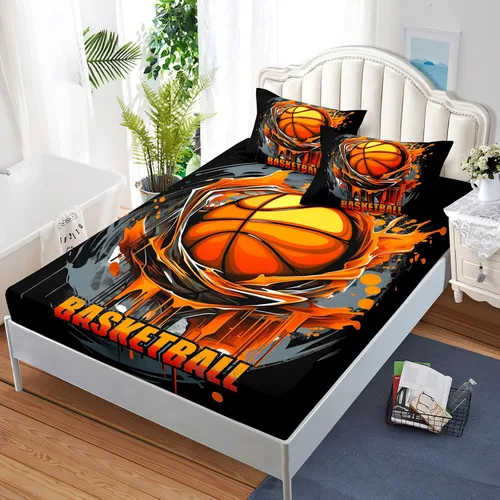 Vista 2 de AILONEN Juego de sábanas deportivas de baloncesto de dibujos animados de 3 piezas para niños tamaño completo, juego de sábanas de cama de baloncesto