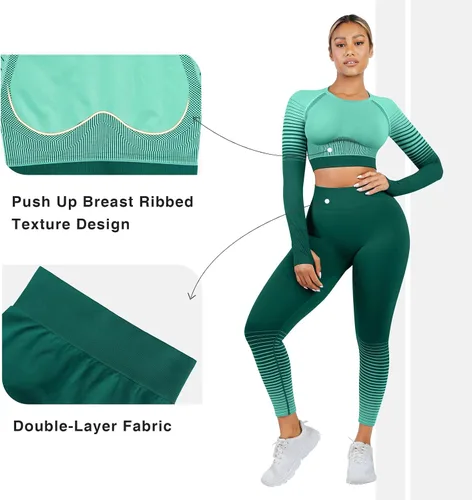 Vista 3 de FeelinGirl Conjuntos de entrenamiento para mujer, 2 piezas, manga larga, trajes de yoga, gimnasio, sin costuras, acanalados, cintura alta, leggings