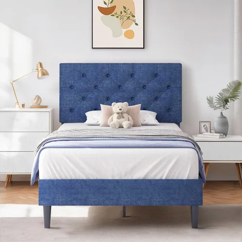 Vista 34 de HOMBCK Base de cama de tamaño individual con cabecera, base de cama tapizada con plataforma de lino para niños, base de cama de tamaño individual