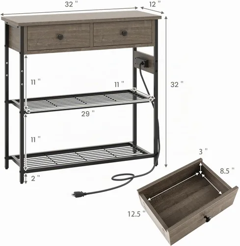 Vista 3 de GIANTEX - Mesa consola industrial con tomacorrientes, mesa de entrada estrecha de 3 niveles Long Sofa Table w/ USB Ports, 2 Storage Drawers, Entry