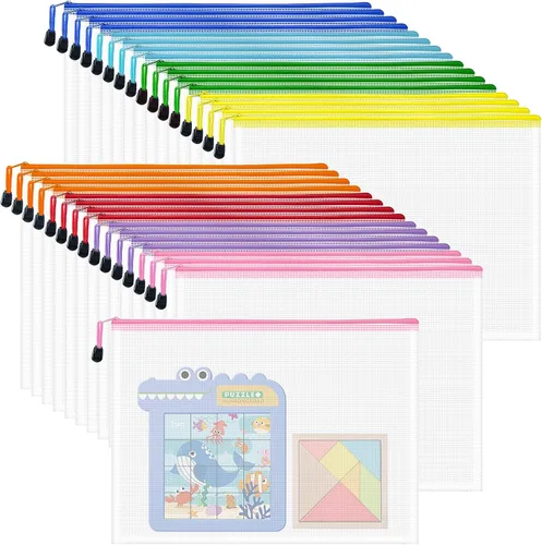 Vista 17 de 9 bolsas de malla con cremallera, tamaños A3, 9 colores, almacenamiento de juegos de mesa, viajes, escuela, organización de oficina