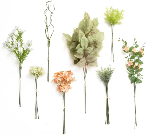 Vista 18 de Ling's moment - Juego de tallos de vegetación artificial verde, 36 piezas con 8 tipos de flores artificiales para ramos de novia de bricolaje Negro